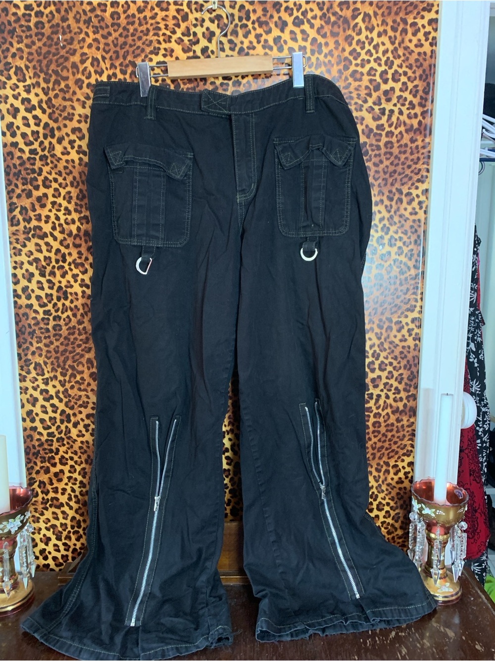 Tripp NYC Black Cargo Flare Pants with D-Rings and Front Zippers